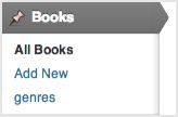 a screenshot of the Books menu. Genres appears as a sub-menu